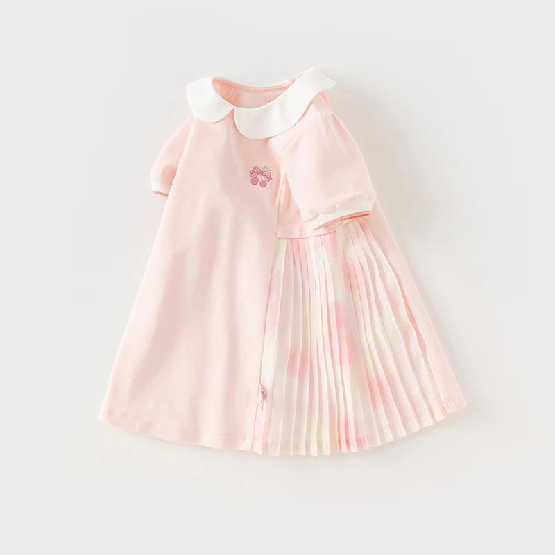 Vestido Rosa em Algodão com Saia Plissada