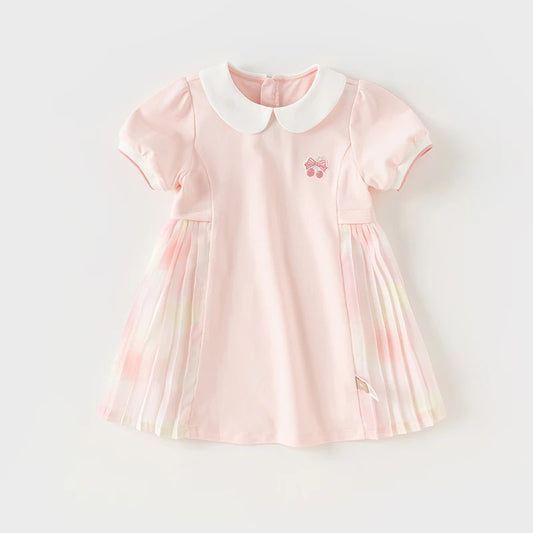 Vestido Rosa em Algodão com Saia Plissada
