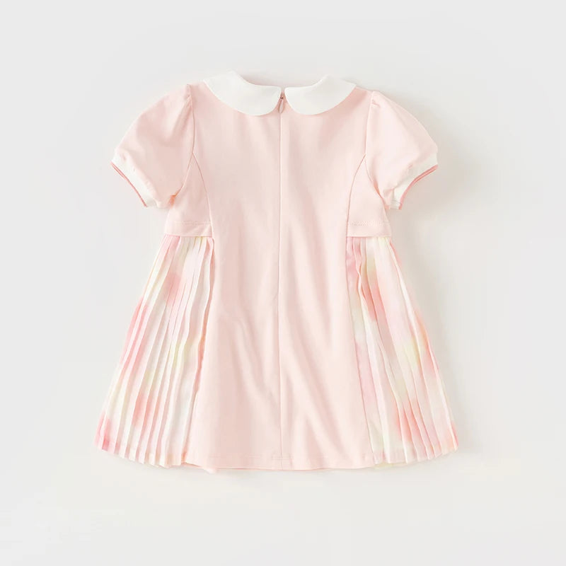 Vestido Rosa em Algodão com Saia Plissada