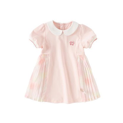 Vestido Rosa em Algodão com Saia Plissada
