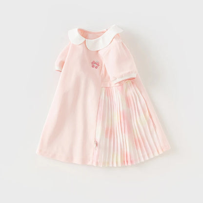 Vestido Rosa em Algodão com Saia Plissada